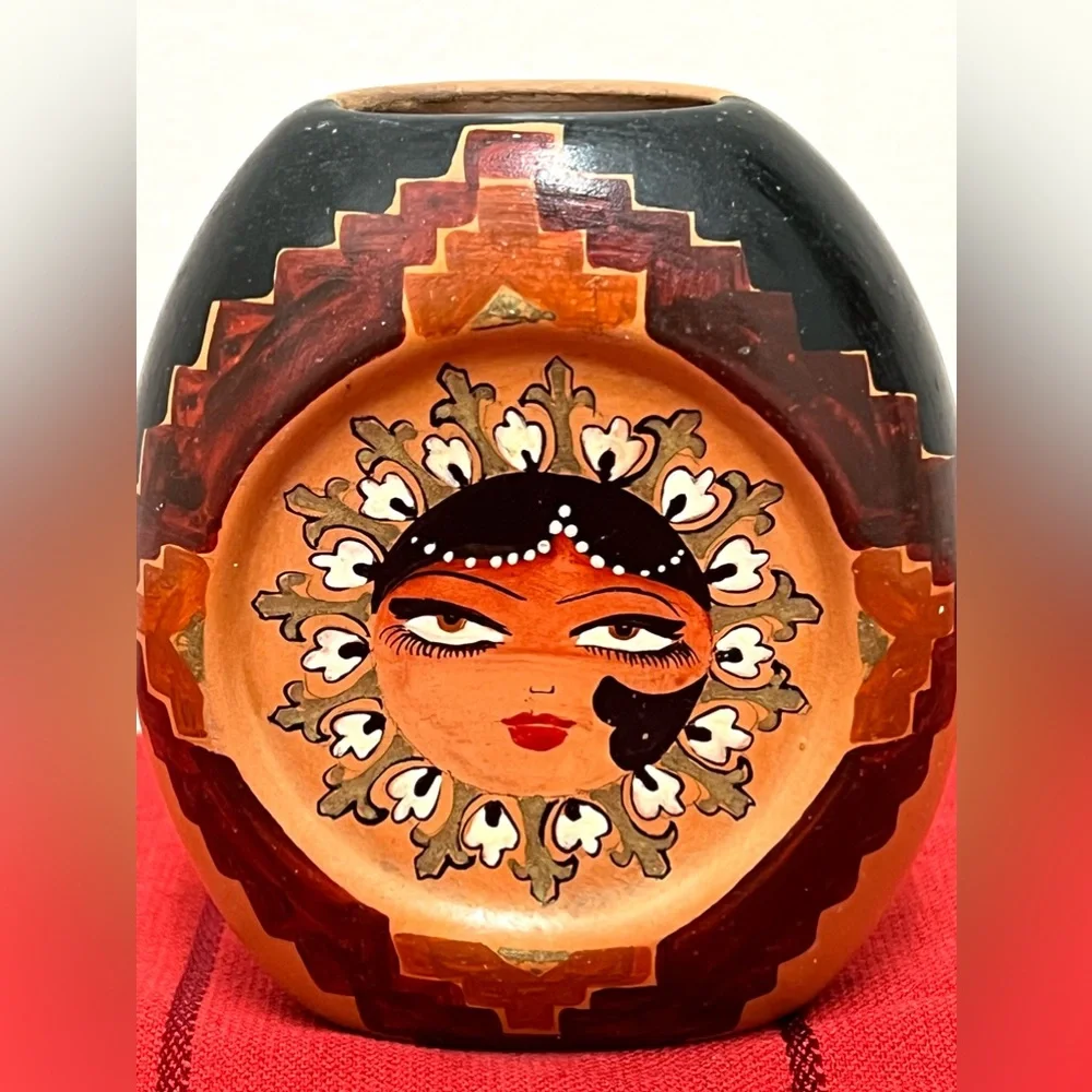 Small Hand Painted Ceramic Oval Vase Woman's Face Signed Nahid Karimi 4.5 in